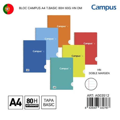 [A003512] BLOC CAMPUS A4 T.BASIC 80H 60G HN DM - Libreta espiral con tapa blanda