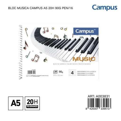[A003831] BLOC MUSICA CAMPUS A5 20H 90G PEN/16 - Libreta musical de formato A5