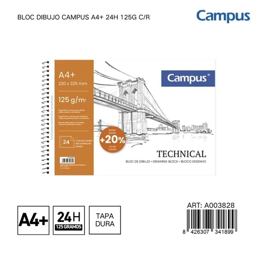 [A003828] BLOC DIBUJO CAMPUS A4+ 24H 125G C/R - Libreta para dibujantes y artistas