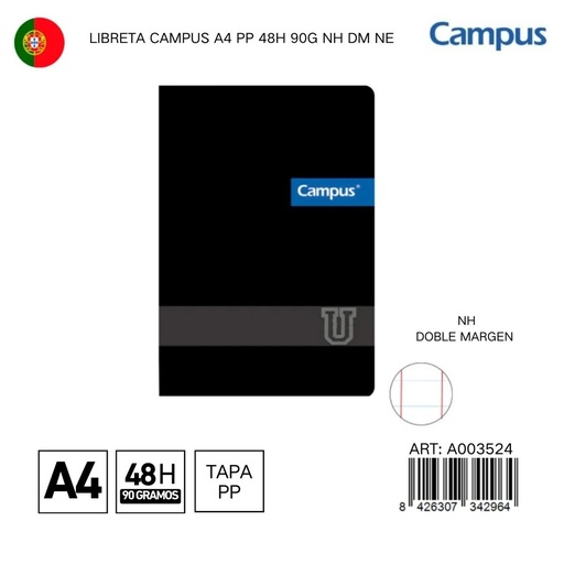 [A003524] LIBRETA CAMPUS A4 PP 48H 90G NH DM NE - Libreta con diseño atractivo y práctico