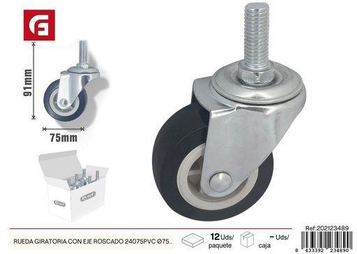 [202123489] Rueda giratoria con eje roscado 24075PVC Ø75 mm - Accesorios de ferretería y ruedas