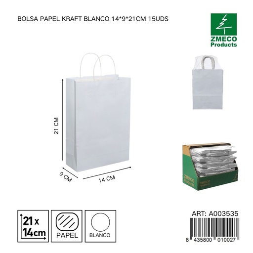 [A003535] Bolsa papel kraft blanco 14x9x21 cm 15 uds - Embalaje y productos de papel