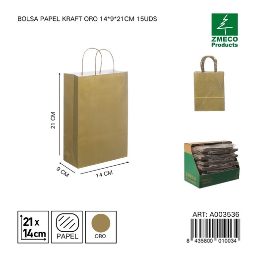 [A003536] Bolsa papel kraft oro 14x9x21 cm 15 uds - Embalaje y productos de papel