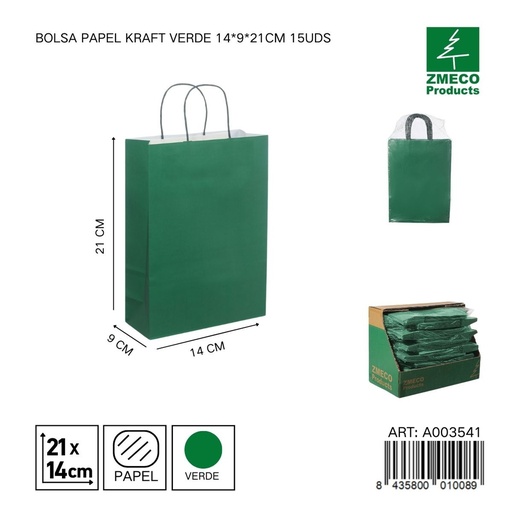 [A003541] Bolsa papel kraft verde 14x9x21 cm 15 uds - Embalaje y productos de papel