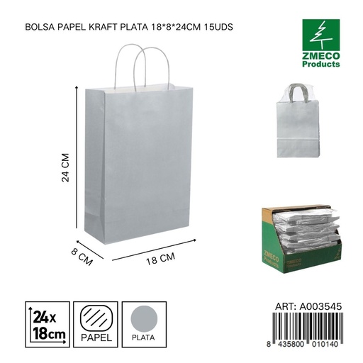 [A003545] Bolsa papel kraft plata 18x8x24 cm 15 uds - Embalaje y productos de papel