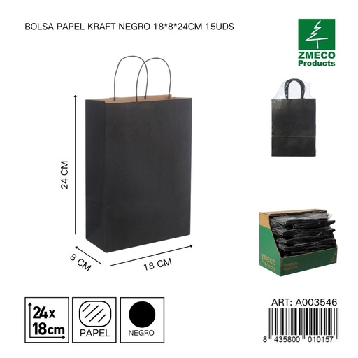 [A003546] Bolsa papel kraft negro 18x8x24 cm 15 uds - Embalaje y productos de papel