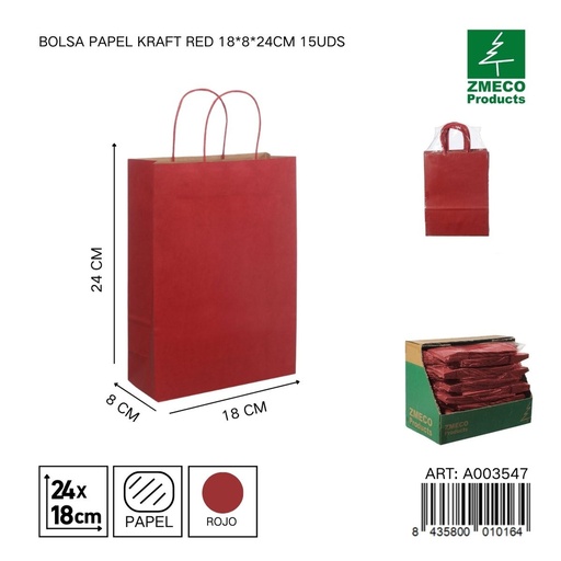 [A003547] Bolsa papel kraft rojo 18x8x24 cm 15 uds - Embalaje y productos de papel
