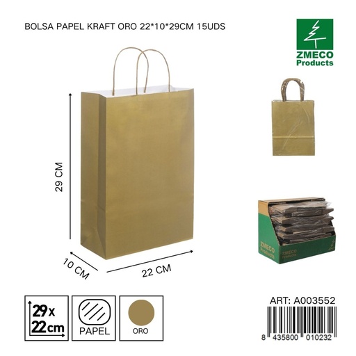 [A003552] Bolsa de papel kraft dorada 15 unidades 22*10*29 cm - Envíos y embalajes 
