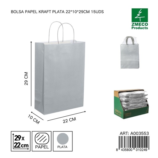 [A003553] Bolsa de papel kraft plateada 15 unidades 22*10*29 cm - Envíos y embalajes 