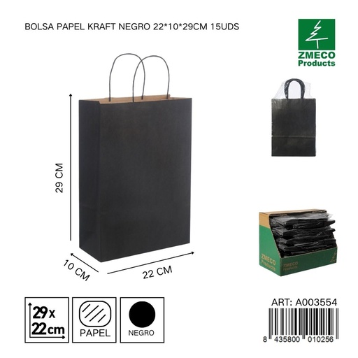 [A003554] Bolsa de papel kraft negra 15 unidades 22*10*29 cm - Envíos y embalajes 