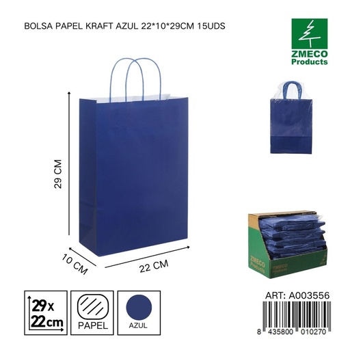 [A003556] Bolsa de papel kraft azul 15 unidades 22*10*29 cm - Envíos y embalajes 