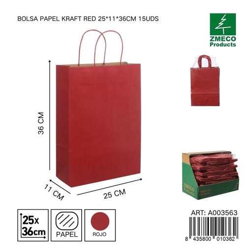 [A003563] Bolsa de papel kraft roja 15 unidades 25*11*36 cm - Envíos y embalajes 