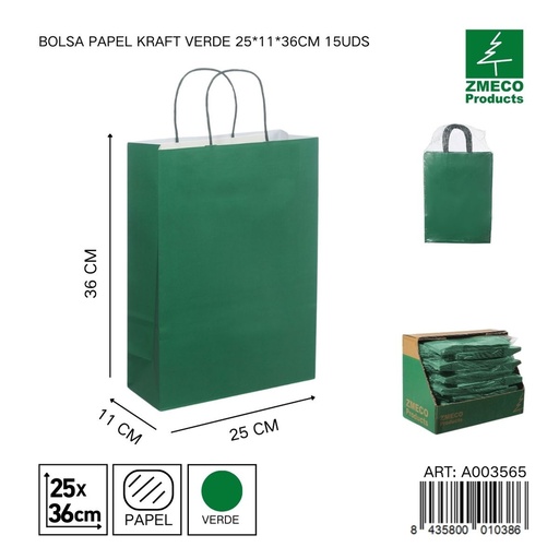 [A003565] Bolsa papel kraft verde 25x11x36 cm 15 uds - Embalaje y productos de papel