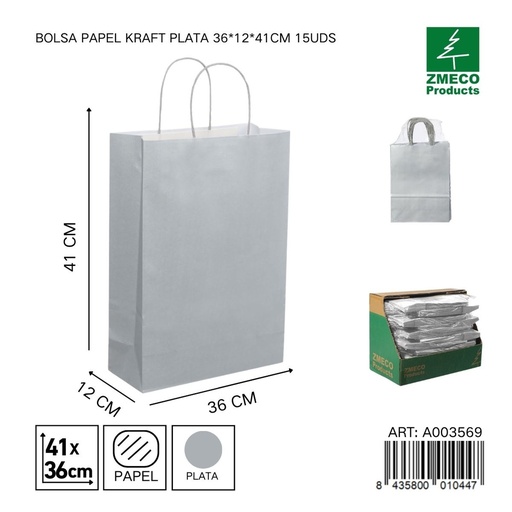 [A003569] Bolsa papel kraft plata 36x12x41 cm 15 uds - Embalaje y productos de papel