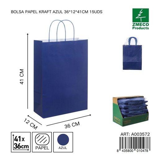 [A003572] Bolsa papel kraft azul 36x12x41 cm 15 uds - Embalaje y productos de papel