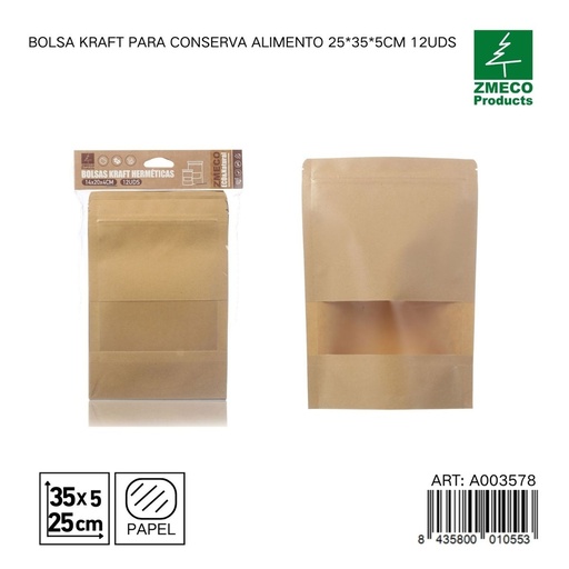 [A003578] Bolsa Kraft para alimentos 25x35x5 cm 12 uds - Productos desechables y menajes de cocina