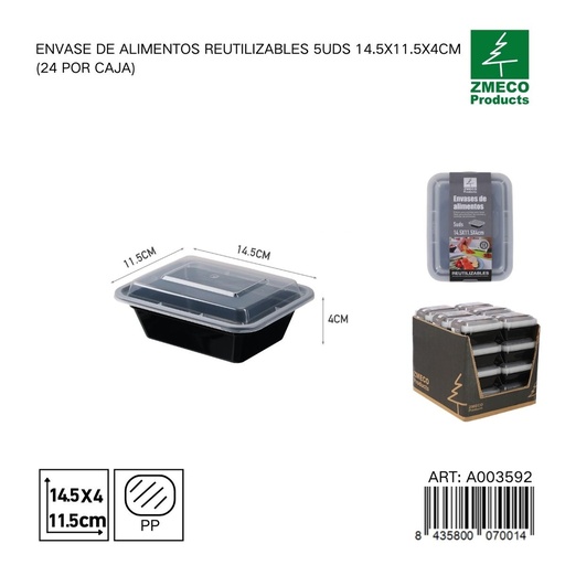 [A003592] Envase de alimento reutilizable 5 unidades 14.5X11.5X4 cm - Almacenamiento en cocina