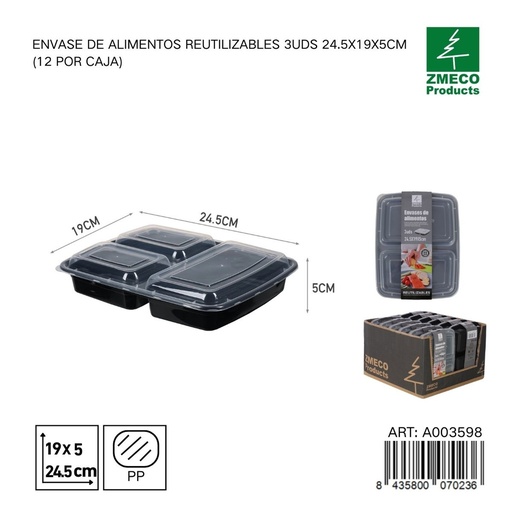 [A003598] Envase de alimento reutilizable 3 unidades 24.5X19X5 cm - Almacenamiento en cocina