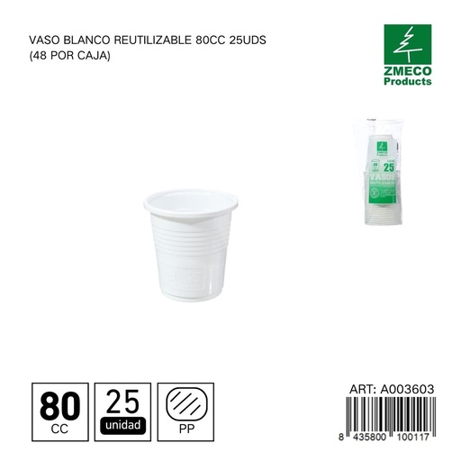 [A003603] Vaso blanco reutilizable 80 cc - Paquete de 25 unidades