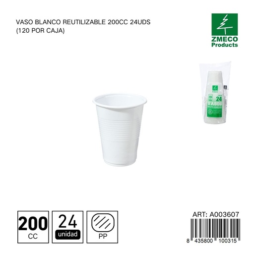 [A003607] Vaso blanco reutilizable 200 cc - Paquete de 24 unidades