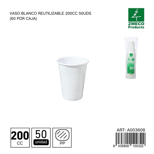 [A003608] Vaso blanco reutilizable 200 cc - Paquete de 50 unidades