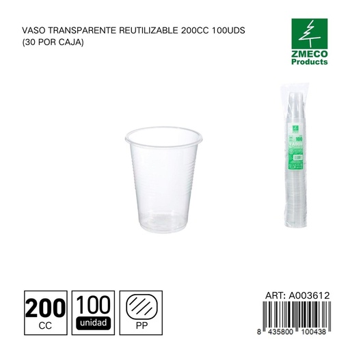 [A003612] Vaso transparente reutilizable 200 cc - Paquete de 100 unidades