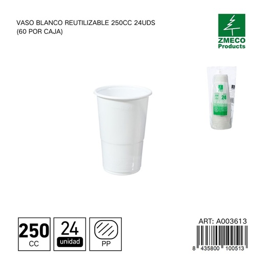 [A003613] Vaso blanco reutilizable 250 cc - Paquete de 24 unidades (60 por caja)