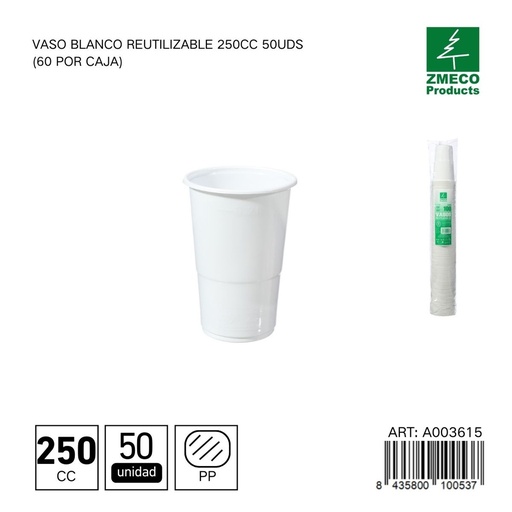 [A003615] Vaso blanco reutilizable 250 cc - Paquete de 100 unidades