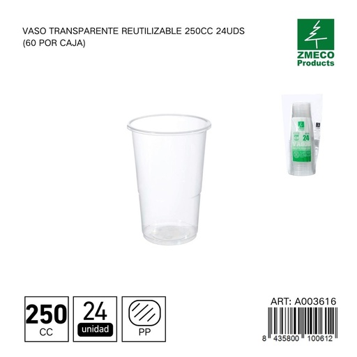 [A003616] Vaso transparente reutilizable 250 cc - Paquete de 24 unidades