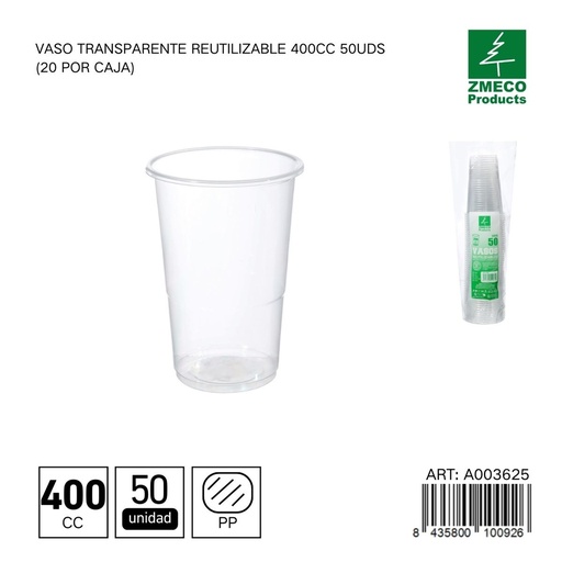 [A003625] Vaso transparente reutilizable 400 cc - Paquete de 50 unidades