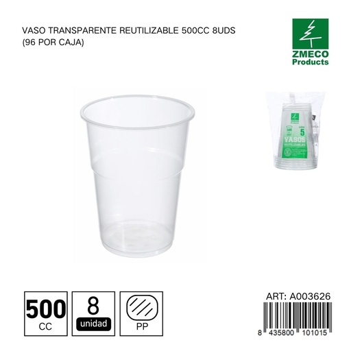 [A003626] Vaso transparente reutilizable 500 cc - Paquete de 8 unidades