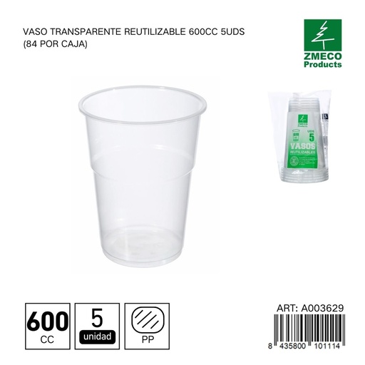 [A003629] Vaso transparente reutilizable 600 cc - Paquete de 5 unidades