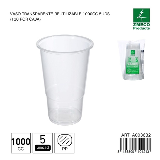 [A003632] Vaso transparente reutilizable 1000 cc - Paquete de 5 unidades