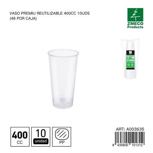 [A003635] Vaso premium reutilizable 400 cc - Paquete de 10 unidades (48 por caja)