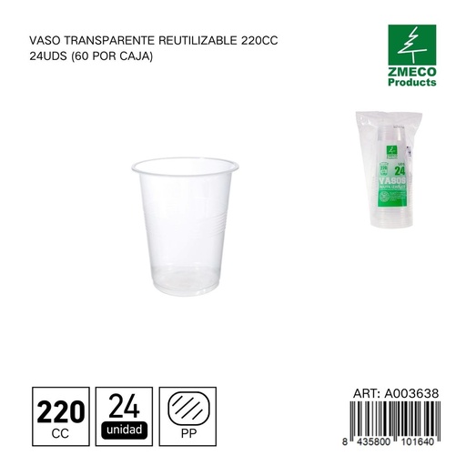 [A003638] Vaso transparente reutilizable 220 cc - Paquete de 24 unidades