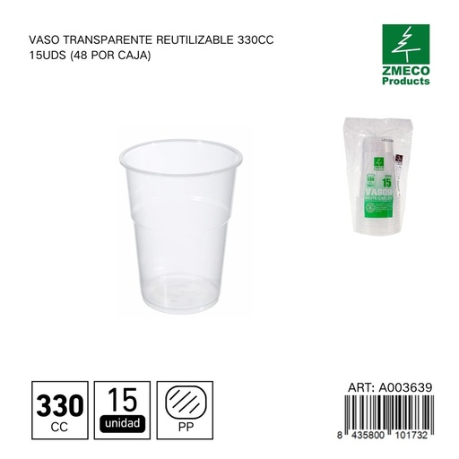 [A003639] Vaso transparente reutilizable 330 cc - Paquete de 15 unidades