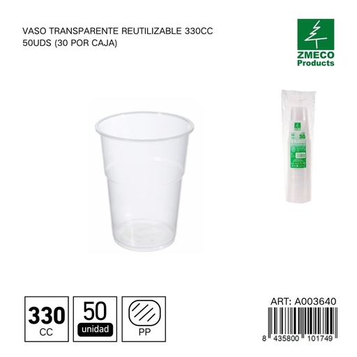 [A003640] Vaso transparente reutilizable 330 cc - Paquete de 50 unidades