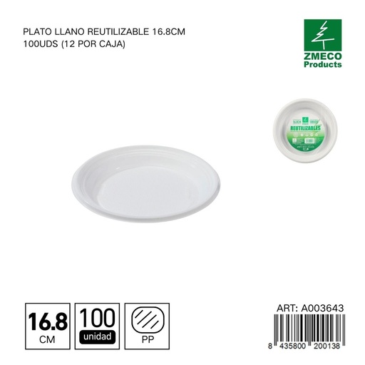 [A003643] Plato llano reutilizable 16.8 cm - Paquete de 100 unidades