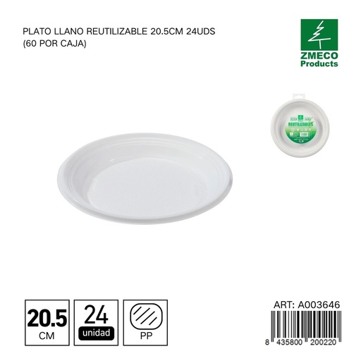 [A003646] Plato llano reutilizable 20.5 cm - Paquete de 24 unidades