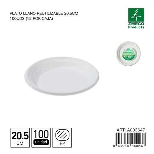 [A003647] Plato llano reutilizable 20.5 cm - Paquete de 100 unidades