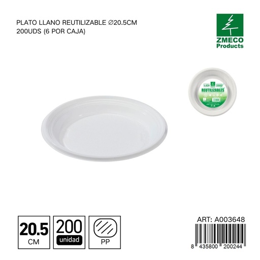 [A003648] Plato llano reutilizable 20.5 cm - Paquete de 200 unidades