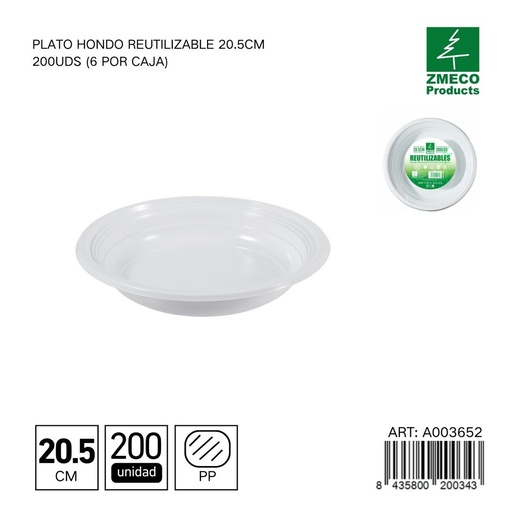 [A003652] Plato hondo reutilizable 20.5 cm - Paquete de 200 unidades