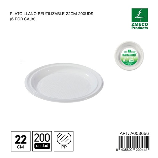 [A003656] Plato llano reutilizable 22 cm - Paquete de 200 unidades