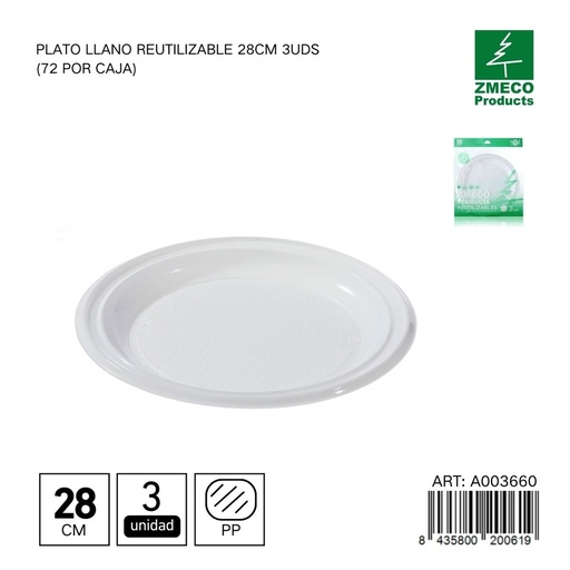 [A003660] Plato llano reutilizable 28 cm - Paquete de 3 unidades