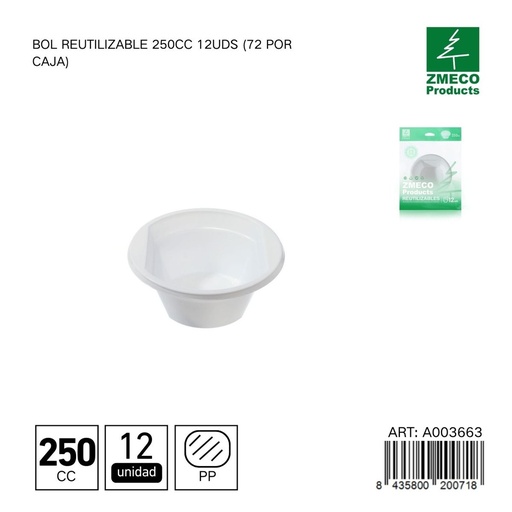 [A003663] Bol reutilizable 250 cc - Paquete de 12 unidades