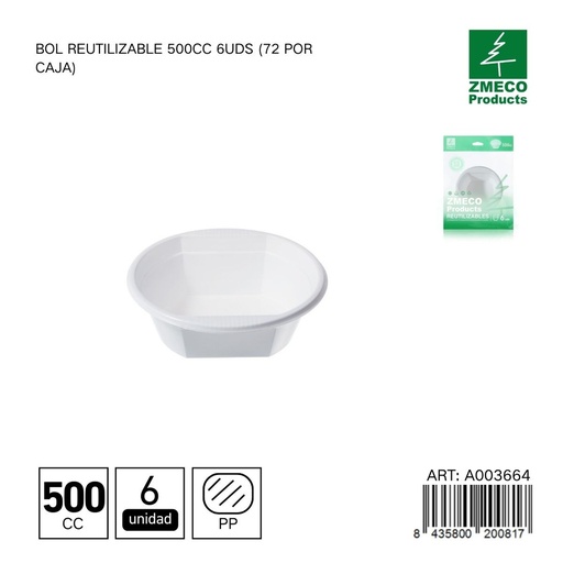 [A003664] Bol reutilizable 500 cc - Paquete de 6 unidades