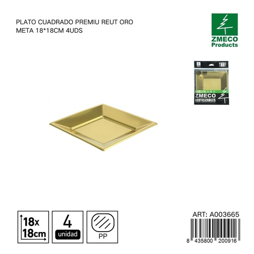 [A003665] Plato cuadrado premium reutilizable oro metal 18x18 cm - Paquete de 4 unidades