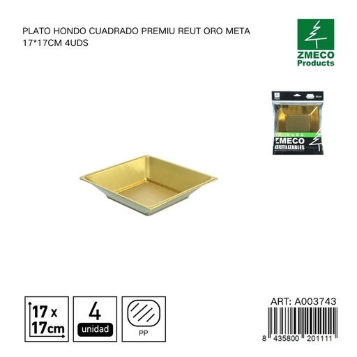 [A003743] Plato hondo cuadrado premium reutilizable oro metal 17x17 cm - Paquete de 4 unidades