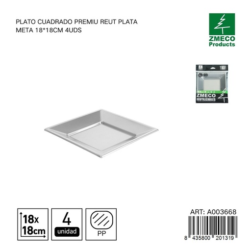 [A003668] Plato cuadrado premium reutilizable plata metal 18x18 cm - Paquete de 4 unidades