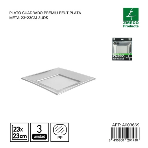 [A003669] Plato cuadrado premium reutilizable plata metal 23x23 cm - Paquete de 3 unidades